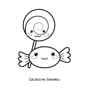 Image à colorier d'une sucette kawaii en spirale et d'un bonbon