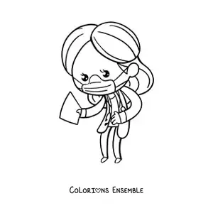 Image à colorier d'une femme médecin kawaii avec un masque