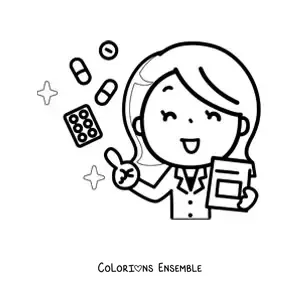 Image à colorier d'une médecin qui prescrit un traitement