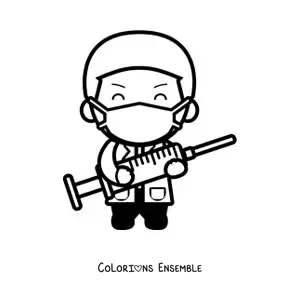 Image à colorier d'un médecin avec un masque qui tient une seringue