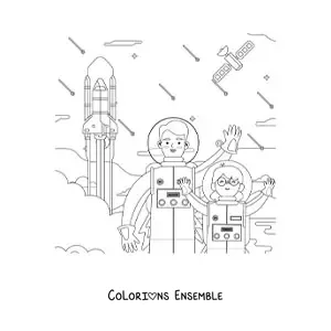 Image à colorier d'une fille astronaute avec une fusée qui décolle