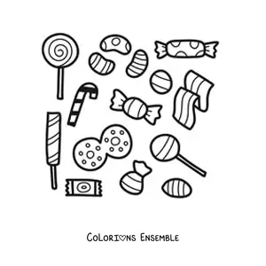 Image à colorier de plusieurs sucettes et bonbons emballés