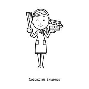 Image à colorier d'une femme dentiste de dessin animé avec un dentier et une brosse