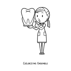 Image à colorier d'une femme dentiste et d'une dent