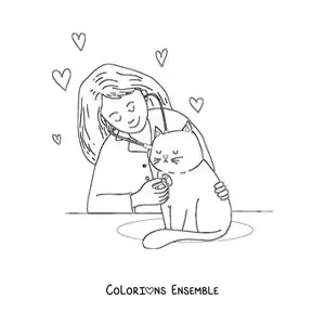 Image à colorier d'une vétérinaire qui examine un chat