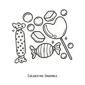 Image à colorier d'une sucette en forme de cœur, de biscuits et de bonbons