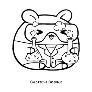 Image à colorier d'un hamster scientifique kawaii avec des produits chimiques et des lunettes de sécurité