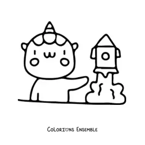 Image à colorier d'une licorne kawaii qui étudie une fusée
