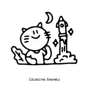 Image à colorier d'un chat kawaii qui étudie une fusée
