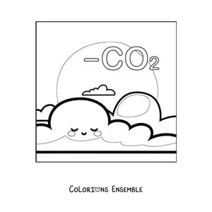 Image à colorier de la planète Terre kawaii avec du dioxyde de carbone dans l'atmosphère