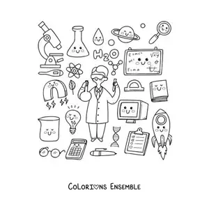 Coloriage d'un scientifique entouré de jolis objets kawaii