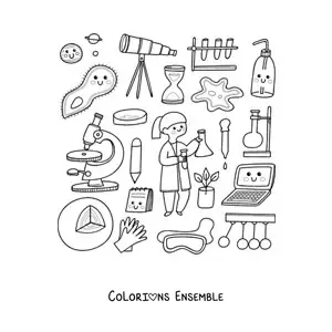 Coloriage d'une femme scientifique entourée de jolis objets kawaii