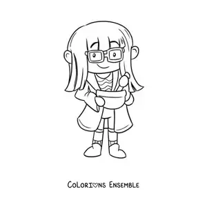 Coloriage d'une scientifique kawaii qui prépare une solution