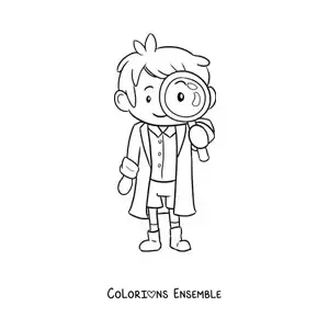 Coloriage d'un scientifique kawaii avec une loupe