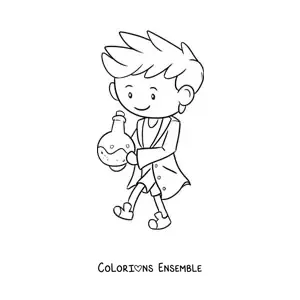 Coloriage d'un scientifique kawaii avec un produit chimique