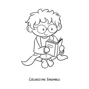 Coloriage d'un scientifique kawaii assis qui lit un livre de sciences