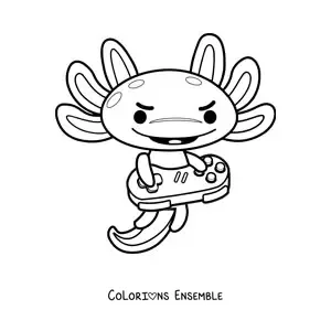 Coloriage d'un axolotl kawaii qui joue aux jeux vidéo