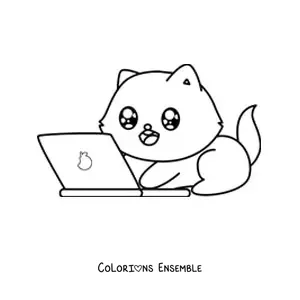 Coloriage d'un chat kawaii qui utilise un ordinateur portable