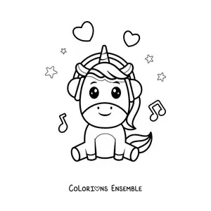 Coloriage d'une licorne kawaii assise qui écoute de la musique avec un casque