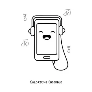 Coloriage d'un smartphone kawaii avec un casque