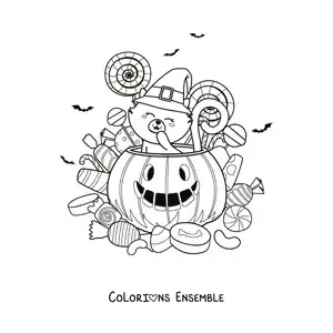 Image à colorier d'un chat dans une citrouille d'Halloween avec des sucettes et des bonbons