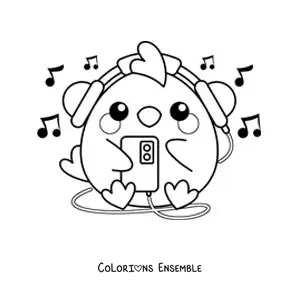 Coloriage d'un poussin kawaii qui écoute de la musique sur son téléphone