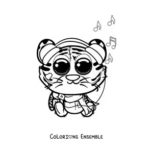 Coloriage d'un tigre kawaii qui écoute de la musique sur un baladeur