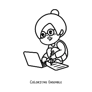 Coloriage d'une fille kawaii qui fait ses devoirs sur son ordinateur portable