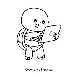 Coloriage d'une tortue kawaii qui utilise un ordinateur portable