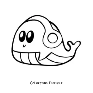 Coloriage d'une grande baleine kawaii qui écoute de la musique avec un casque