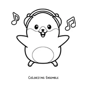 Coloriage d'un grand hamster kawaii qui écoute de la musique avec un casque