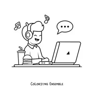 Coloriage d'un garçon kawaii qui écoute de la musique sur un ordinateur portable