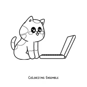 Coloriage d'un chat kawaii assis devant un ordinateur portable