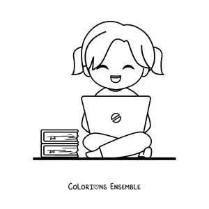 Coloriage d'une fille kawaii qui étudie sur son ordinateur portable