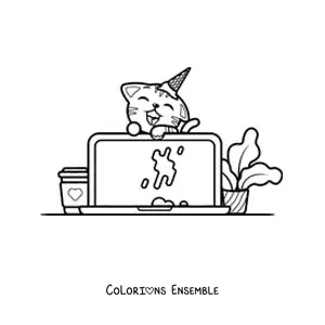 Coloriage d'un chat kawaii qui salit un ordinateur portable avec de la glace