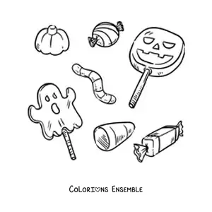 Image à colorier de plusieurs sucettes d'Halloween et de bonbons