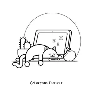 Coloriage d'un chat kawaii qui dort sur un ordinateur portable