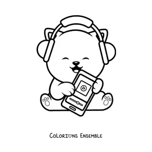 Coloriage d'un chat kawaii qui écoute de la musique sur son smartphone