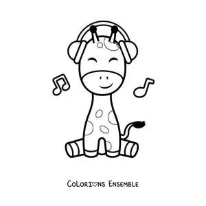Coloriage d'une girafe kawaii assise qui écoute de la musique avec un casque