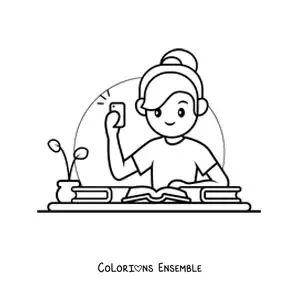 Coloriage d'une fille kawaii qui prend ses notes en photo avec son téléphone