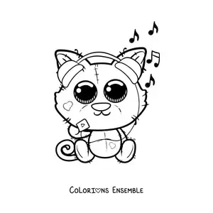 Coloriage d'un chat kawaii qui écoute de la musique sur un baladeur