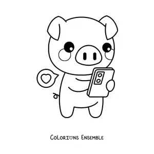 Coloriage d'un petit cochon kawaii qui discute sur son téléphone