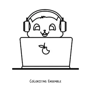 Coloriage d'un chat kawaii avec un ordinateur portable