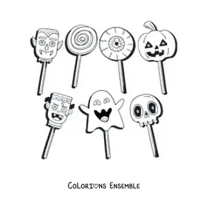 Image à colorier de plusieurs sucettes en forme de monstres et de symboles d'Halloween