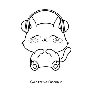 Coloriage d'un chat kawaii qui écoute de la musique