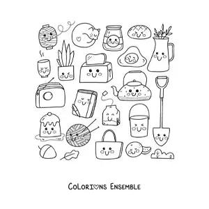 Coloriage d'un petit-déjeuner et d'objets de la maison kawaii