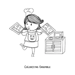 Image à colorier d'une fille qui fait des biscuits avec deux plaques dans les mains