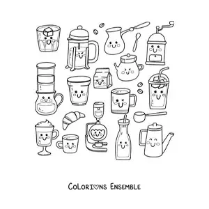 Coloriage de café et de plats de bistrot kawaii