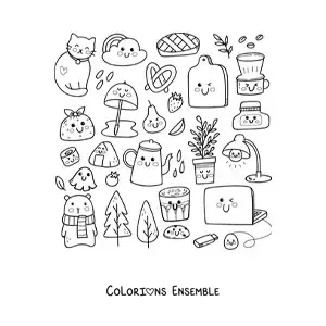 Coloriage d'un chat et d'objets de la maison kawaii