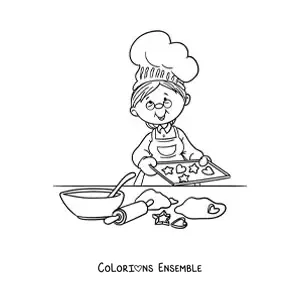 Image à colorier d'une grand-mère qui prépare des biscuits avec les ingrédients sur la table